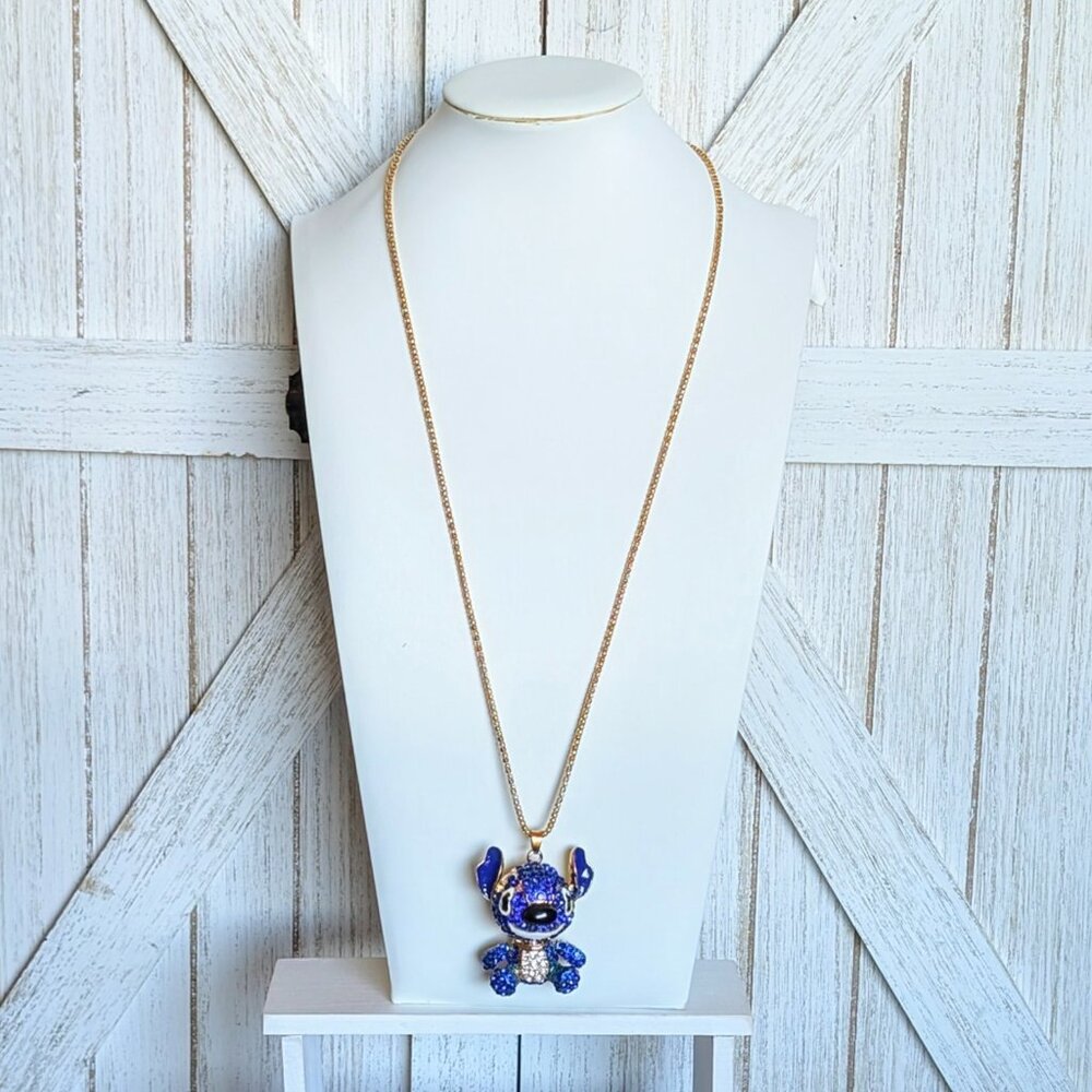 Betsey Johnson Dark Blue Crystal Gold Toned Stitch Necklace - New - Picture 2 of 3
